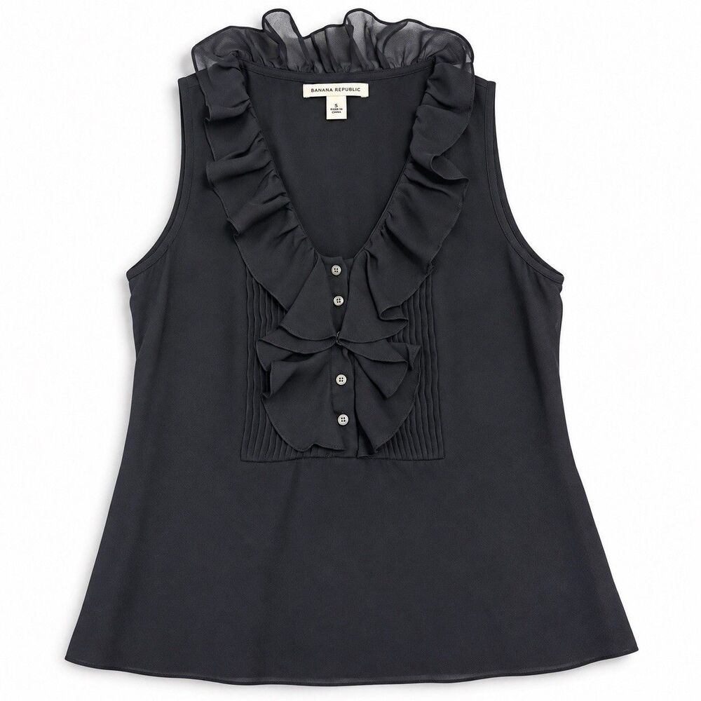 Banana Republic Ruffle Blouse Black Sleeveless Shell Top 8 Work Office Career